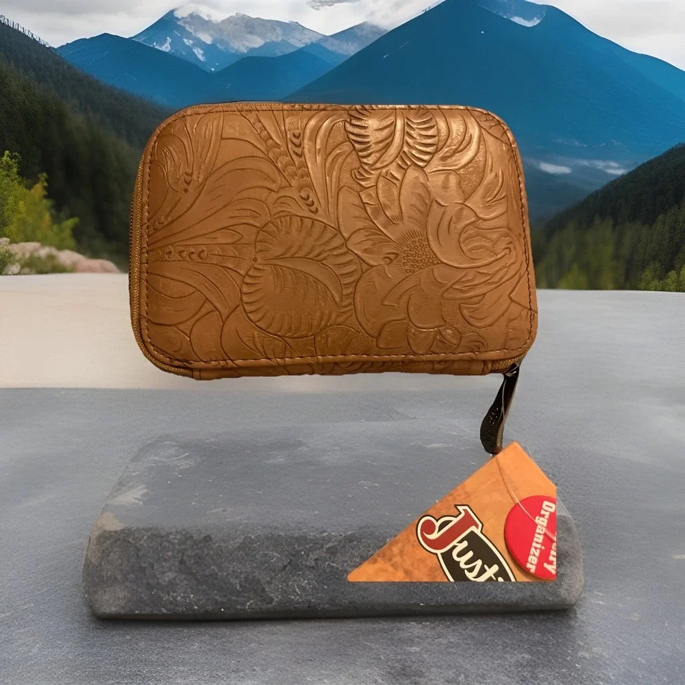 NWT New‎ Justin Western Tool Brown Leather Jewelry Organizer Wallet Zipper Close